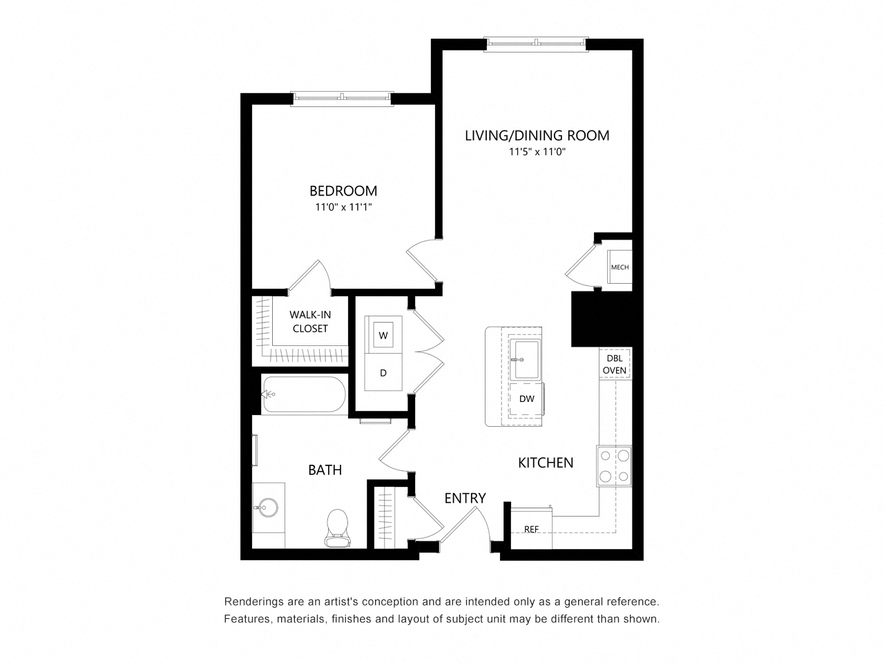 Floor plan for 1 bed, 1 bath, 700 sqft